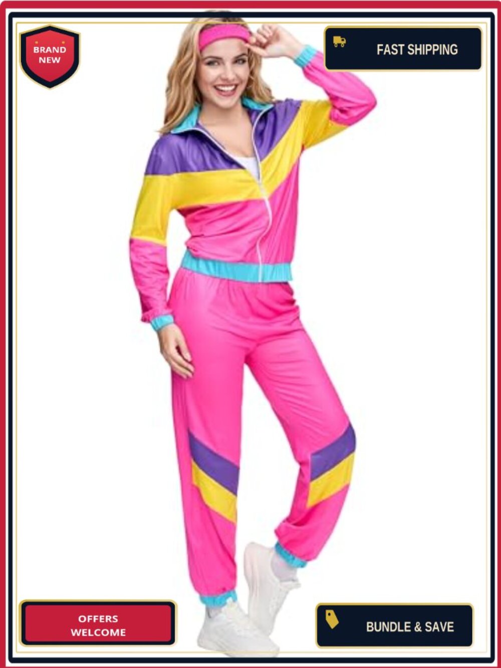 80s Workout Costume Set 2 Pc Track Suit Top Pants Sweatband